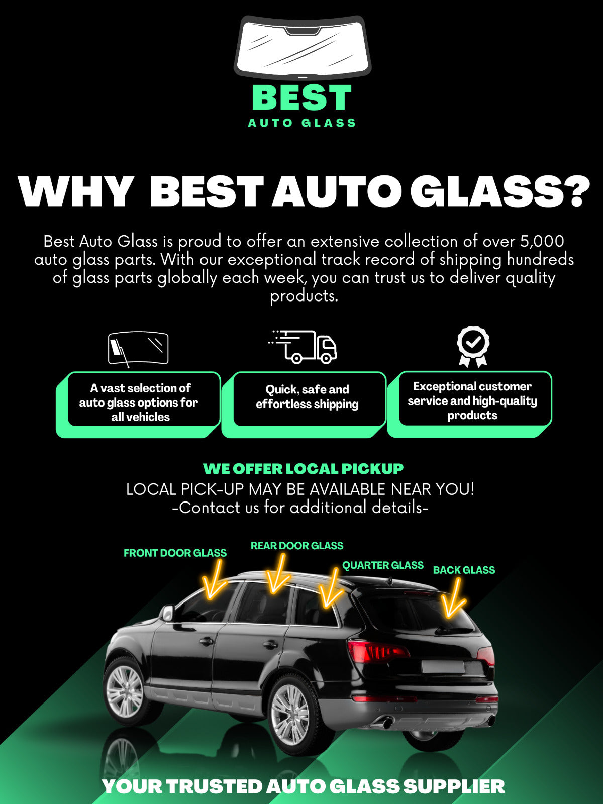 Fit:2021-2023 Chevrolet Suburban/Tahoe 4D SUV Rear Right Door Window Glass/Clear